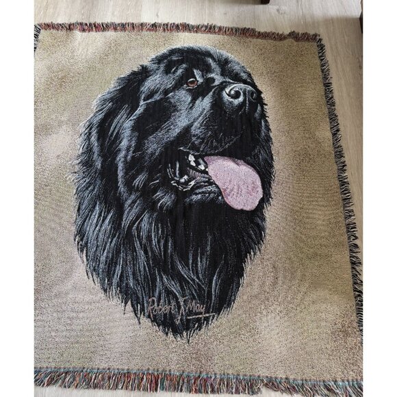 Vintage Newfoundland Dog Robert J May Woven Tapestry Throw Blanket Woven Cotton - Picture 2 of 4